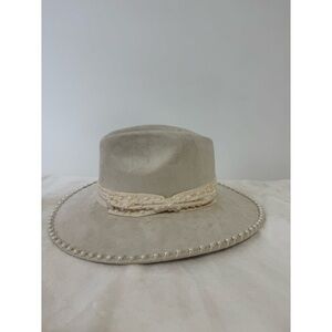 Handmade Beaded Brim Wide Fedora Hat - Cream